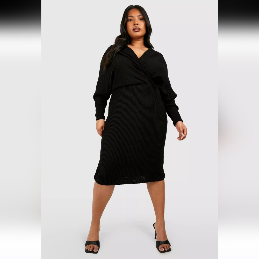 BOOHOO PLUS BLACK WRAP KNITTED MIDI DRESS SIZE 20